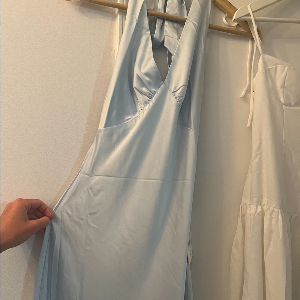 Peppermayo Pale Blue Backless Halter Satin Dress